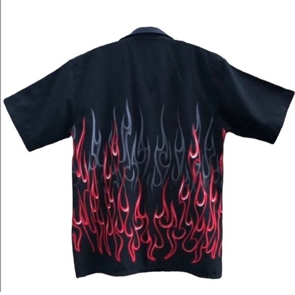 Boys Vintage Flame Fire Bowling Shirt Rock Star Band Concert Casual - Picture 2 of 5